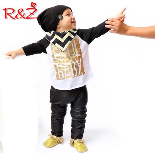 R&Z 2019 new childrens suit spring and autumn letters long-sleeved T-shirt leather pants two-piece