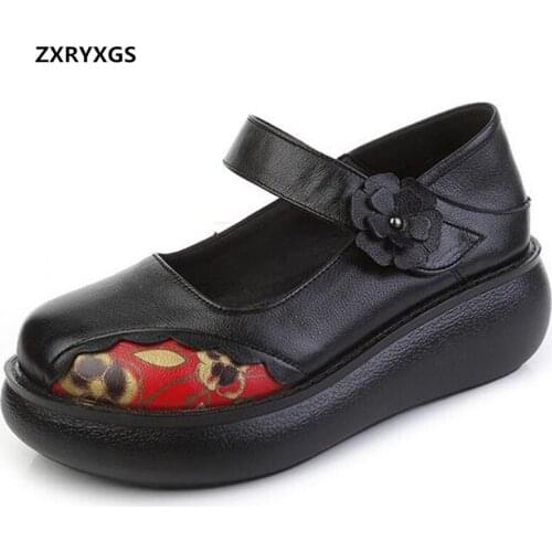 2021 New Classic Flowers Printing Genuine Leather Shoes Womens Shoes Wedges Thick-soled Heighten Shoes High Heels Large Size 43