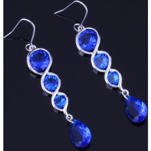 Adorable Water Drop Blue Cubic Zirconia Silver Plated Drop Dangle Earrings V0214