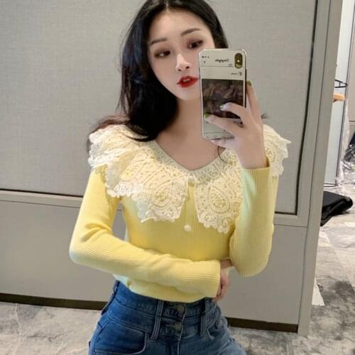 Autumn Spring Style Women Knitted Pullover Tops Lady Casual Long Sleeve Peter Pan Collar Sweater Pullover ZZ1130