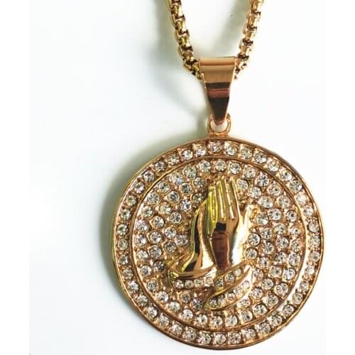 Hip Hop Praying Hands full rhinestone Pendant Necklace Charm For Men Women Gifts Gold Color Stainless Steel Jewelry Dropshipping