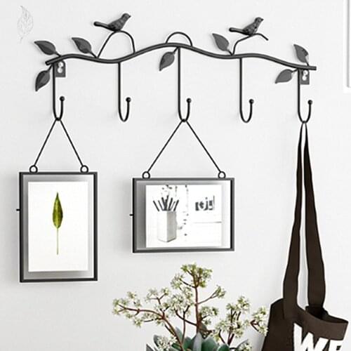 Retro 5 Hook Wrought Iron Bird Hook Hook Bird Shape Leaf Wall Dress Robe Hook Key Coat Holder Cap Hanger