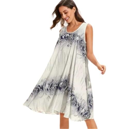 Summer Print Women Dress O-Neck Plus Size S-5XL Beach Casual Loose Sleeveless Elegant Ladies Dress Women Tank top Mini Dress