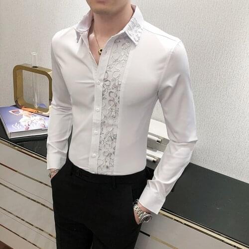 Sexy Lace Patchwork Mens Shirt Long Sleeve Slim Fit Streetwear Casual Shirts Nightclub Singer Social Party Blouse Chemise Homme