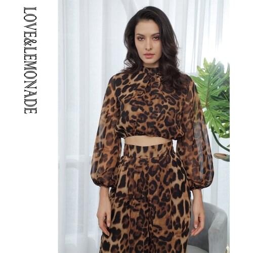 LOVE & LEMONADE Stand Lantern Sleeve Leopard Chiffon Blouse LM81500