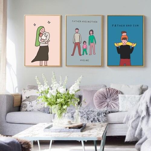 Modern Cartoon Family Father Daughter Mother Picture Wall Art Canvas Painting Posters Prints for Bedroom Home Living room Decor