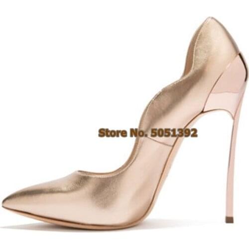 High Heel Pointed Toe Pumps Women Patent Leather Shallow Sexy Plus Size Gold Banquet Shoes Female Stiletto Metal Heel