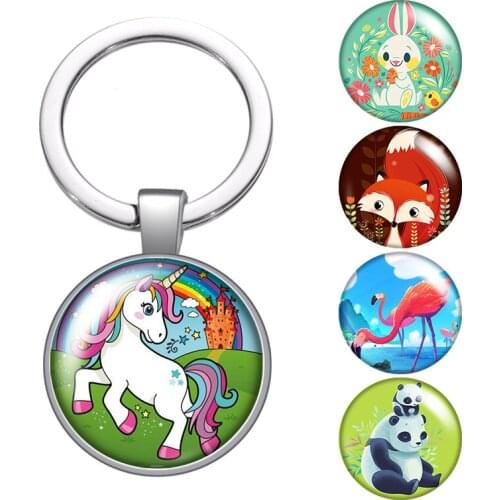 Cartoon unicorn Rabbit Fox Flamingo glass cabochon keychain Bag Car key Rings Holder silver plated key chains Men Women Gifts