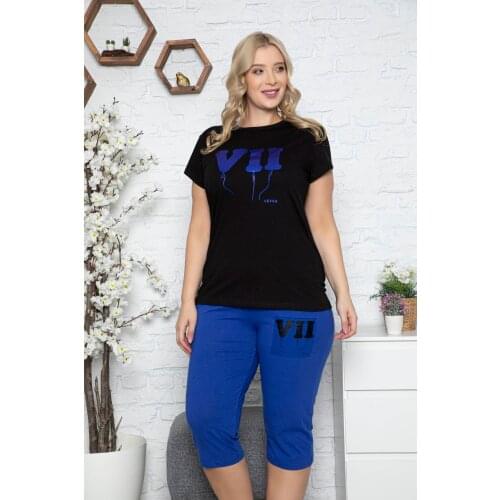 YENİ SEZON Kadın Saks Büyük Beden Baskılı Kısa Kollu Kapri Pijama Takım