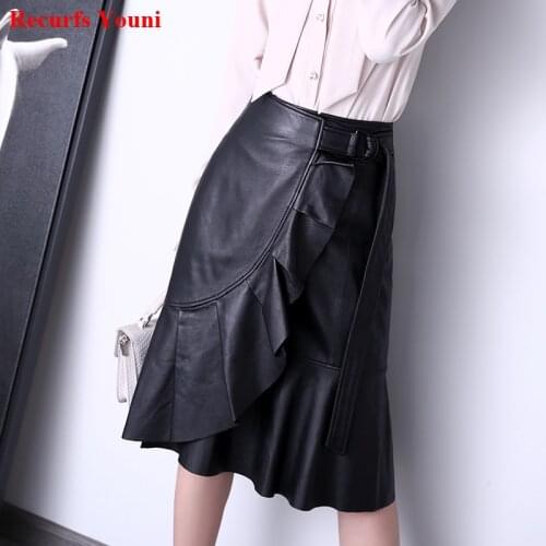 RYS1347 Ruffled A-line Skirts Womens 2021 Female High Waist Asymmetrical Lace-up Midi Faldas Mujer Big Size Black Saia Plissada
