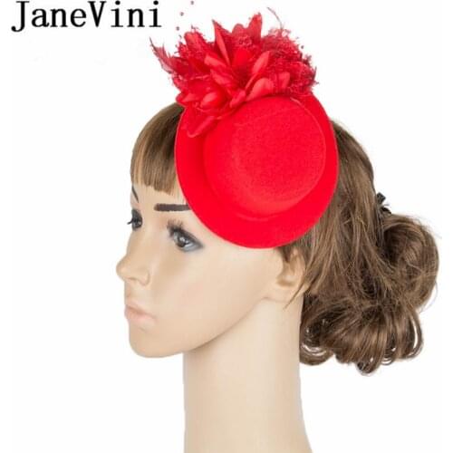 JaneVini Red Wedding Hats and Fascinators Women Elegant Headdress Hat For Brides Party Hat Flowers Hair Accessories Decoration