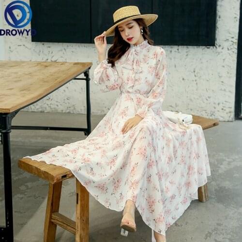 French Floral Chiffon Long-Sleeve Midi Dress Sweet Ruffle Pleated Stand-up Collar Autumn Dresses For Women 2021 Vestidos Mujer