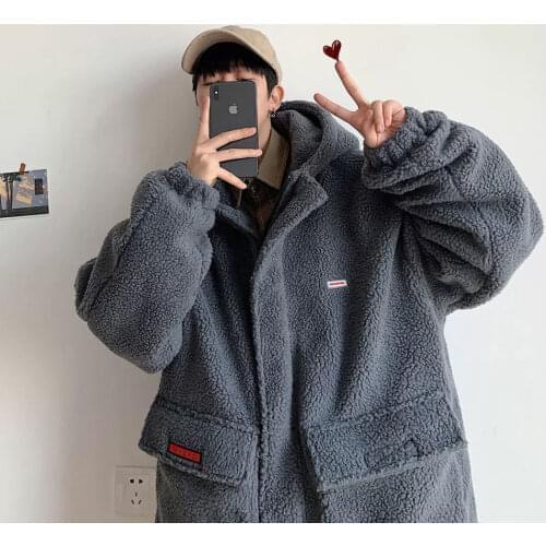 Winter Faux Lamb Plush Padded Jacket Male Hong Kong Style Trend Loose Couples Padded Jacket Plus Velvet Padded Jacket