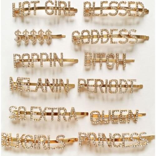 Gold Crystal Letter Hair Clip Bobby Pin Alphabet Rhinestone Gold Word Hair Pin Girls Words Hair Clips Womens