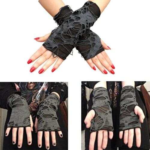 1 Pair Punk Black Broken Slit Gothic Glove Fingerless Cuff Ninja Sport Hole Mitten Halloween Ripped Punk Dark Cosplay Gloves