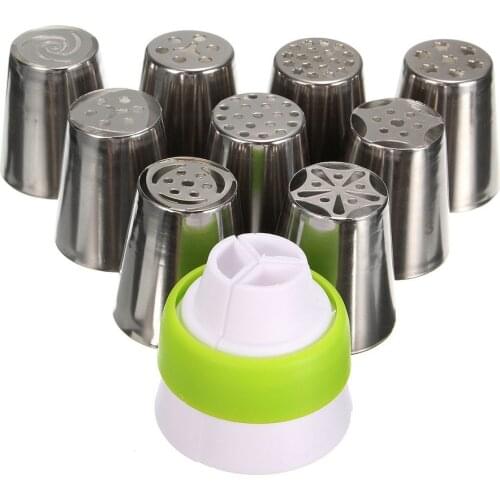 9Pcs Russian Flower Pastry Cake Icing Piping Nozzles Decorating Tips With Tri-color Nozzle Converter Fondant Baking Tool 1 Set