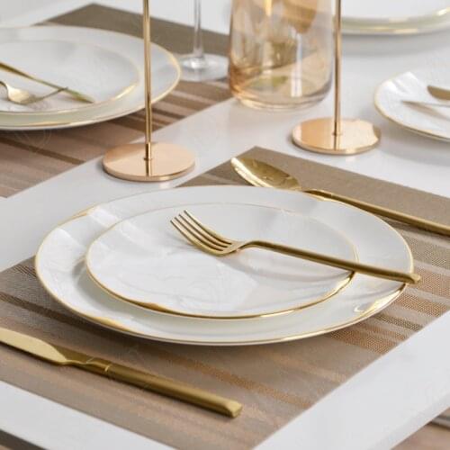 White Ceramic Plates Golden Stroke Decorative Porcelain Dinner Plate Dinner Steak Pasta Dishes Hotel Restaurant Serving Tray