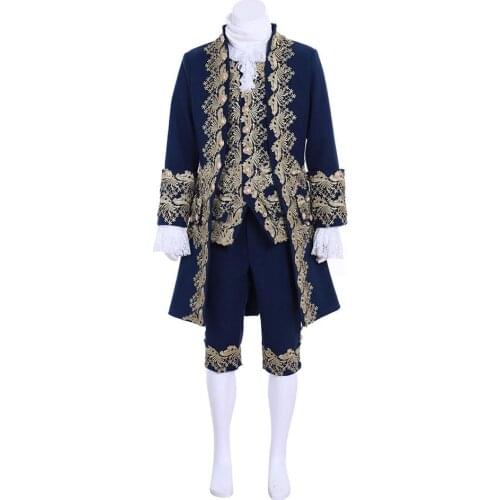 Cosplaydiy 18th Century Rococo Blue Wool Court Suit Mens Colonial Victorian Elegant British Suit Marie Antoinettte Costume L320