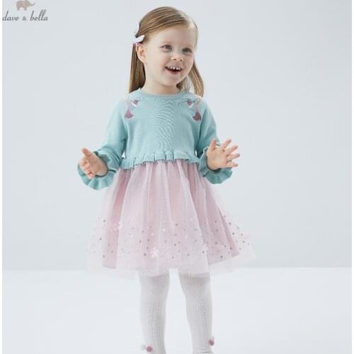 DBS16608 dave bella spring baby girls cute cartoon embroidery dress children fashion party dress kids infant lolita clothes