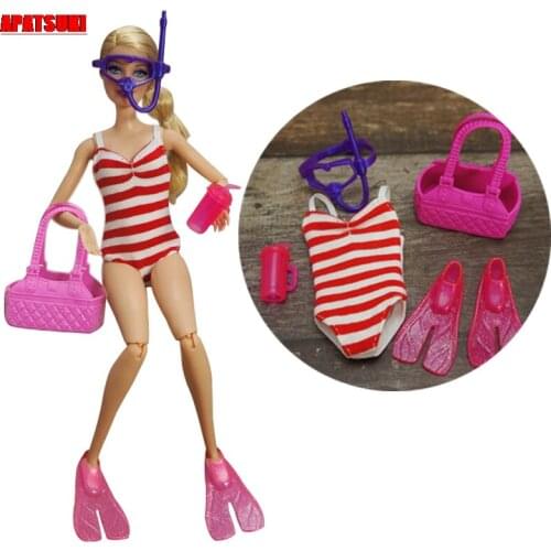 Kids Toys Pink Swimming Outfits For Barbie Doll Clothes Set For Barbie Bikini Shoes Respirator Cup Bag 1/6 Dolls Accessories