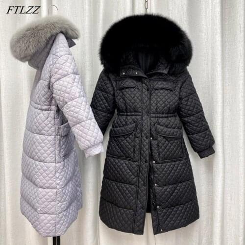 FTLZZ Winter Large Natural Fur Collar Hooded Feather Jacket Women Windbreak Sleeve Warm Down Coat High Waist Plaid Long Outwear