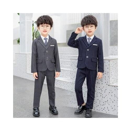 Classic Black Striped Suits for Boy 3 Pieces Child Prom Dinner Wedding Suits Kids Formal Dress Tuxedo Blazer with Pants Vest Set