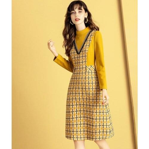 Fake Two Piece Stitching Plaid Dress Women Spring Autumn Base Skirt Half High Collar Yellow Dress Female A-line Dresses Vestidos