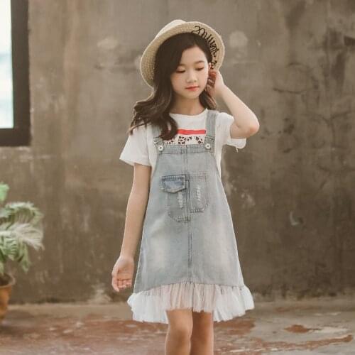 2020 Summer New Mesh Patchwork Girls Suspender Dress Fashion Kids and Teen Girls Denim Jumper Dress Cute Baby Girls Dress, #8687