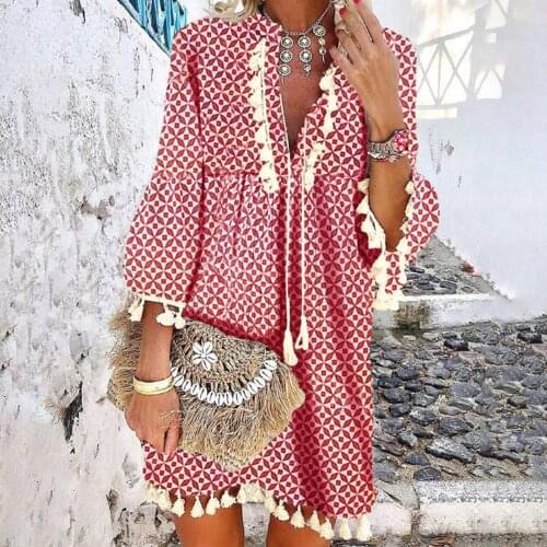 HOT SALES New Arrival Boho Lady Summer Beach Crochet Tassel Deep V Cropped Sleeve Elastic Waist Mini Dress Plus Size S-XL