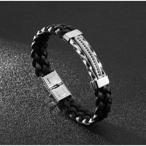 HaoYi 14mm Width Black/Steel/Gold Color Mens Inlaid Zircon Braided Bracelet Punk Style Gift