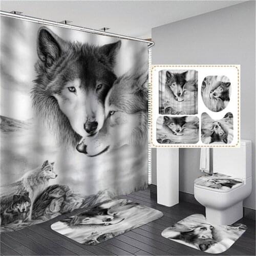 White Wolf Printed Shower Curtain Set Waterproof Bathroom Decor with Anti-slip Toilet Lid Cover Kitchen Mat Rug Doormat