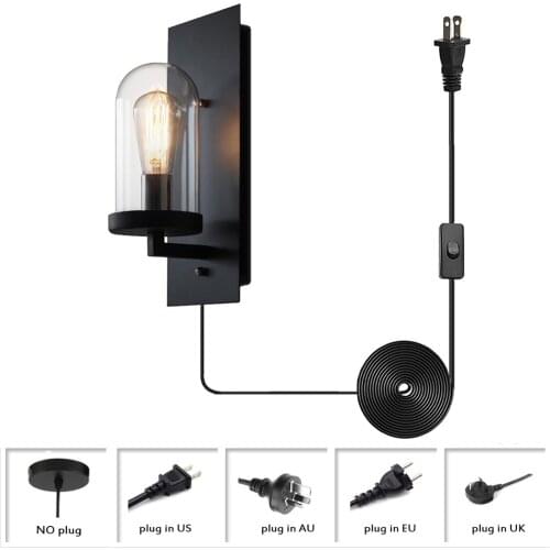 Wall Sconces Black Metal Wall Sconce Fixture Bathroom Retro Wall Light with Clear Glass Shade Industrial Plug In Wall Lamp