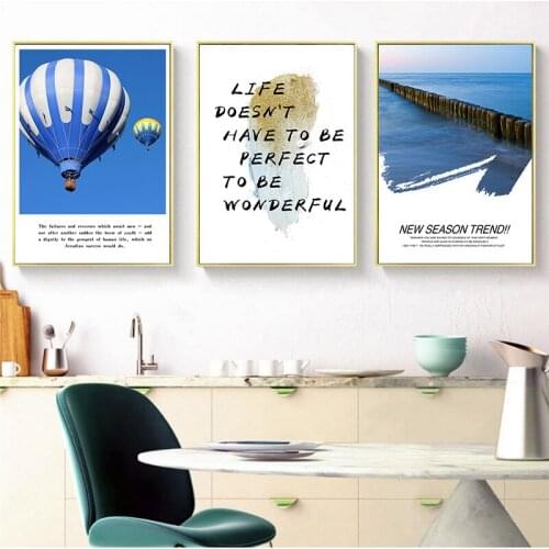 Nordic Blue Seascape Canvas Painting Wall Art Prints Blue Hot Air Balloon Life Quote Minimalist Poster For Living Room Decor
