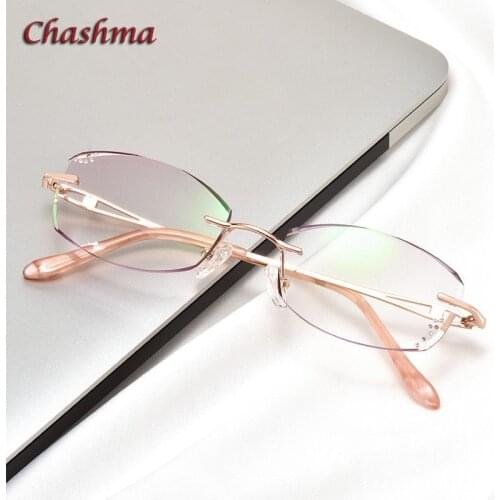 Rhinestone Titanium Frame Gray Red Lenses Rimless Glasses Light Frame Women Gradient Glass Prescription Graduation Glasses