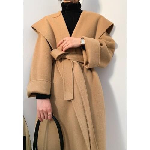 High-end large shawl mid-length lace-up gentle double-sided cashmere coat woolen coat female Korean new style 2021