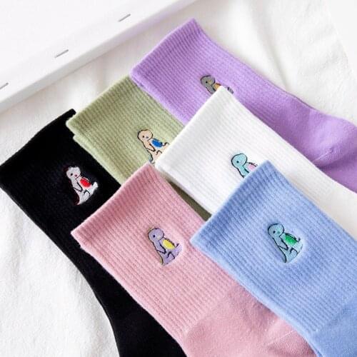 Long Socks Women Cotton Japanese Style Pure Color Mid Tube Sox Breathable Cartoon Little Dinosaur Embroidery Cotton Women Sock