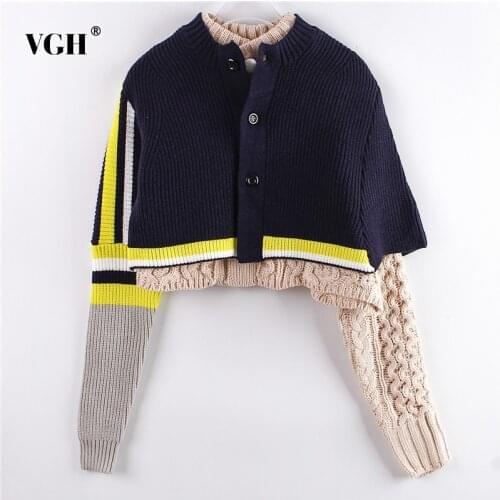 VGH Asymmetrical Short Two Piece Set For Women Turtleneck Long Sleeve Patchwork Striped Hit Color Vintage sets Female 2020 Fall