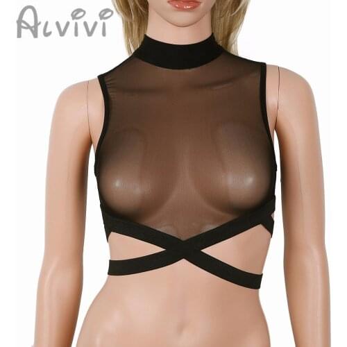 Alvivi Women sleeveless Crop Top Shirts Round Neck Zipper Back See Through Sheer Mesh Shirts Clubwear Party Wear Tank Top Shirts