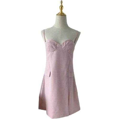 PERHAPS U Women Summer Elegant Solid V-Neck Spaghetti Strap Camisole Pockets A-Line Split Zipper OL Short Dress D3057