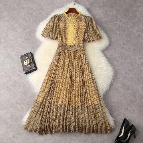 Europe and the United States womens clothing New Summer 2021 Short-sleeve hollow-out splicing printing Fashion pleated dress