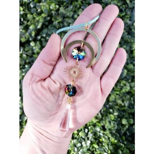 Gold Moon Charm, Witchy Car Charm, Boho Car Charm, Sparkly Moon Charm, Moon Mirror Charm, New Car Gift Idea, Crystal Car Charm