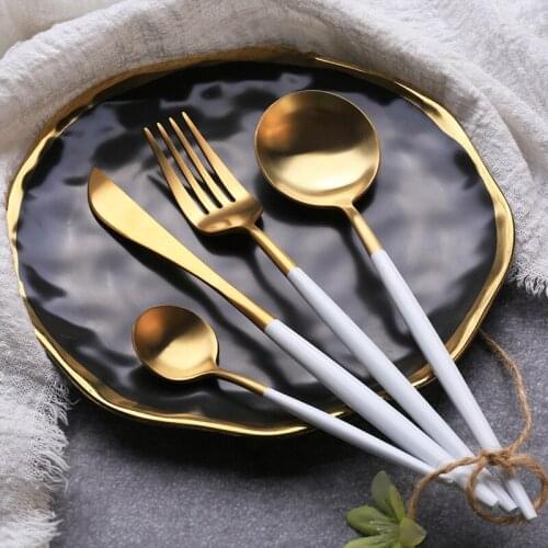 24Pcs Gold Dinnerware Set Matte Stainless Steel Tableware Set Knife Fork Coffee Spoon Flatware Set Dishwasher Safe Cutlery Set