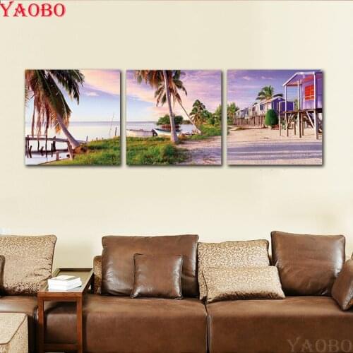 Mosaic Diamond Embroidery Beach scenery seascape room decoration 5D DIY Diamond Painting Cross-stitch palm beach landscape 3 pcs