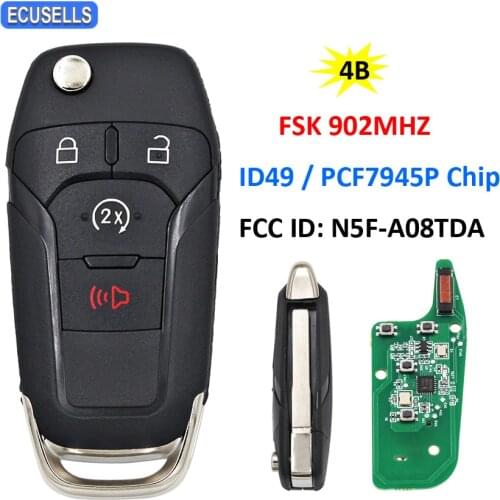 4 Button Flip Remote Key FSK 902MHz PCF7945P / HITAG 49 Chip for Ford F150 F250 F350 F450 F550 Ranger Fusion FCC ID: N5F-A08TDA