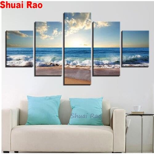5D diy diamond painting 5 Pieces Beach Sea Sunrise Scenery Modern Diamond mosaic cross stitch art 3D landscape art