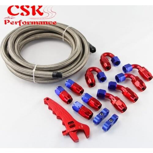 AN8 5M Stainless Steel/Nylon Oil Fuel Line Fitting Hose End w/ Wrench Spanner Kit Black/Silver