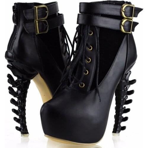 LF40601 Punk Lace Up Buckle High-top Bone High Heel Platform Ankle Boots