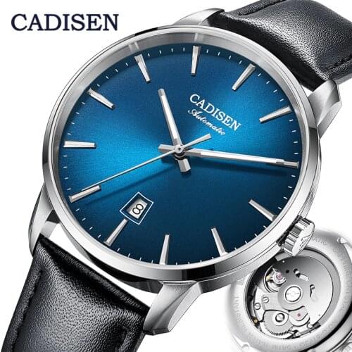 CADISEN Mens Automatic Mechanical Watches Top Brand Luxury NH35A Movement Genuine Leather Band Calendar Sapphire Montre homme
