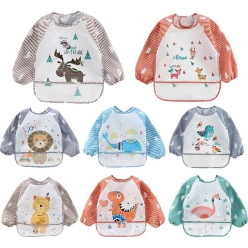 Baby Kids Bibs Cute Cartoon Animals Long Sleeve Eating Bibs Apron Smock Soft Feeding Waterproof Colorful Children Bib Burp Cloth