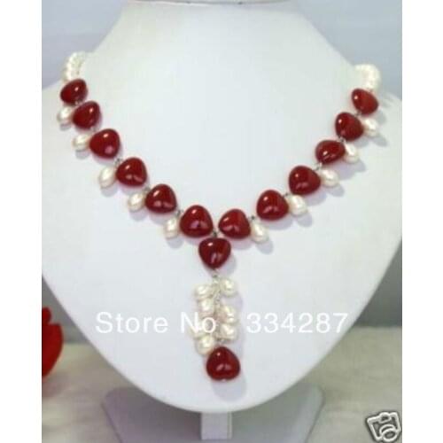Designer white Genuine Freshwater pearl Red Jades Heart-Shaped Jewelry necklaces 18inches